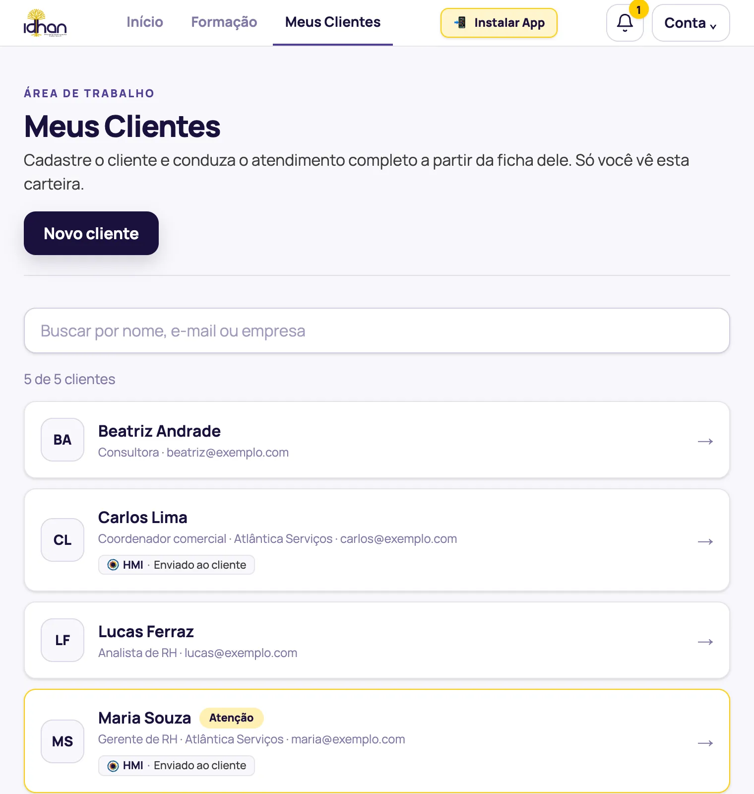 Tela de demonstração da carteira de clientes na plataforma do Analista Comportamental IDHAN