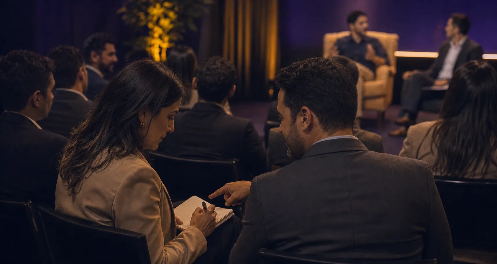 Dois participantes da mesma empresa analisam juntos as anotações enquanto acompanham o Hot Seat
