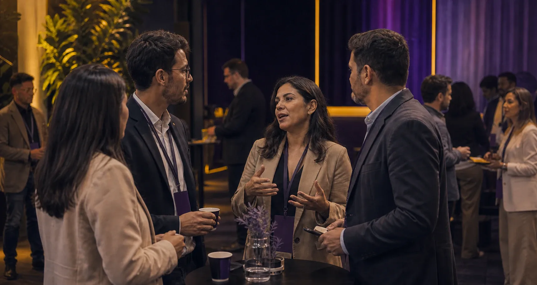 Grupo de empresários conversa durante o intervalo do evento em um ambiente acolhedor